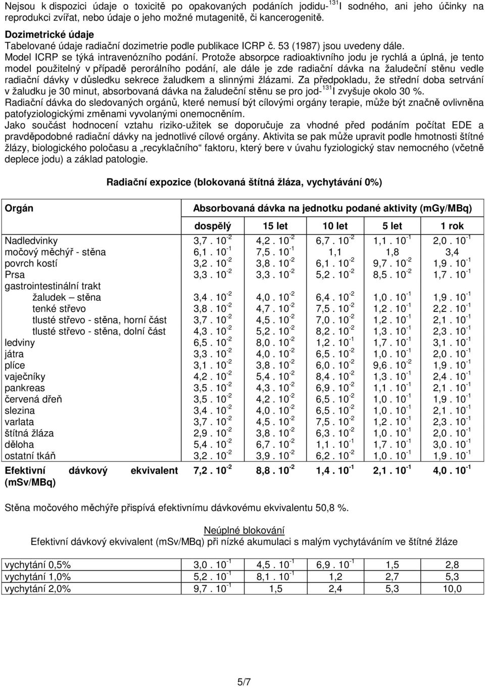 Protože absorpce radioaktivního jodu je rychlá a úplná, je tento model použitelný v případě perorálního podání, ale dále je zde radiační dávka na žaludeční stěnu vedle radiační dávky v důsledku