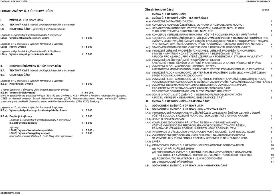 II.A. II.B. ODŦVODNĚNÍ ZMĚNY Č. 1 ÚP NOVÝ JIČÍN TEXTOVÁ ČÁST (včetně doplňujících tabulek a schémat) GRAFICKÁ ČÁST Legenda a 10 průsvitek k výřezům formátu A 3 výkresu: II.B.a) Koordinační výkres 1 : 5 000 V rámci Změny č.