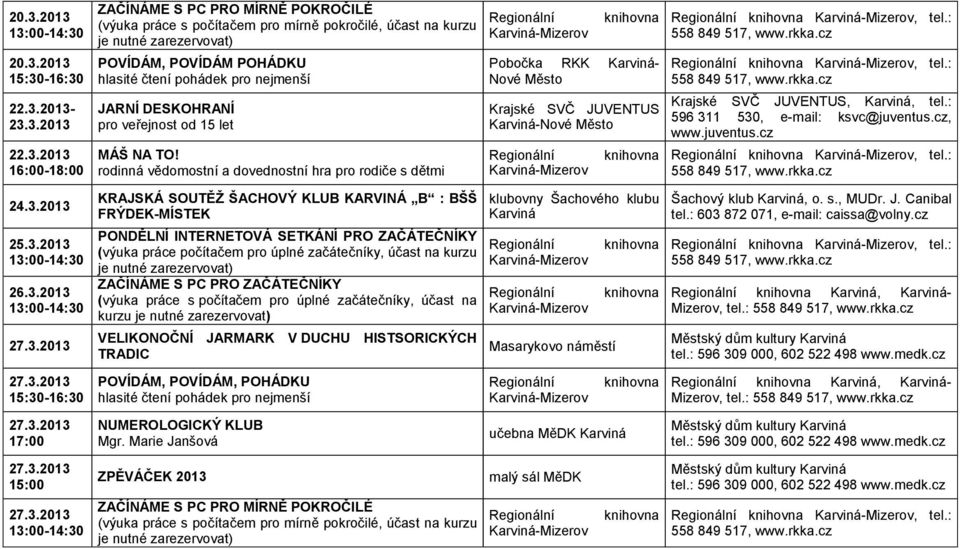 Šachového klubu Karviná Masarykovo náměstí, tel.:, tel.: tel.: 596 311 530, e-mail: ksvc@juventus.cz,, tel.: Šachový klub Karviná, o. s., MUDr. J. Canibal tel.: 603 872 071, e-mail: caissa@volny.