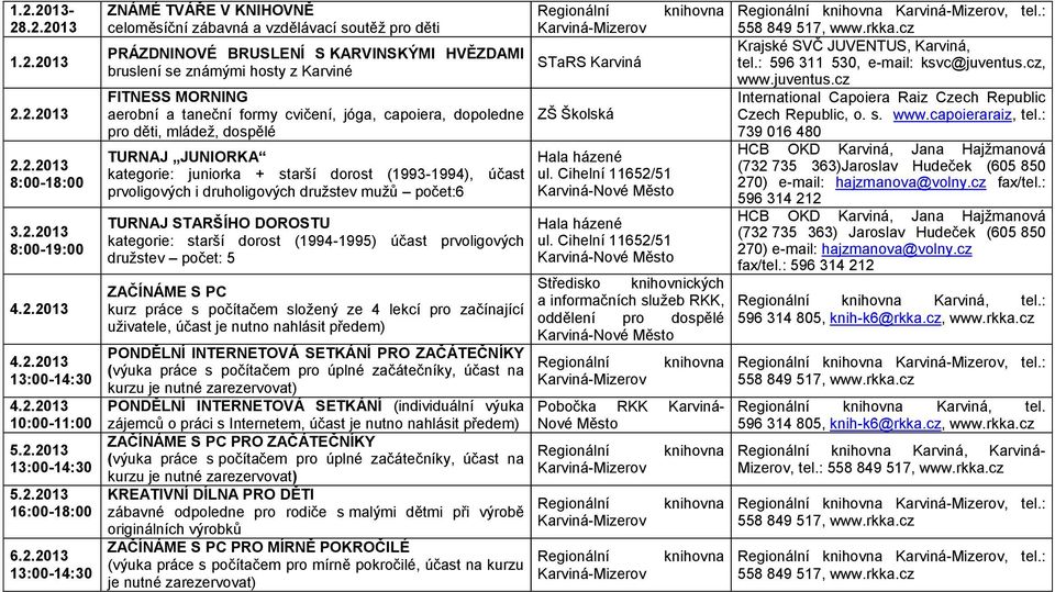 TURNAJ JUNIORKA kategorie: juniorka + starší dorost (1993-1994), účast prvoligových i druholigových družstev mužů počet:6 TURNAJ STARŠÍHO DOROSTU kategorie: starší dorost (1994-1995) účast