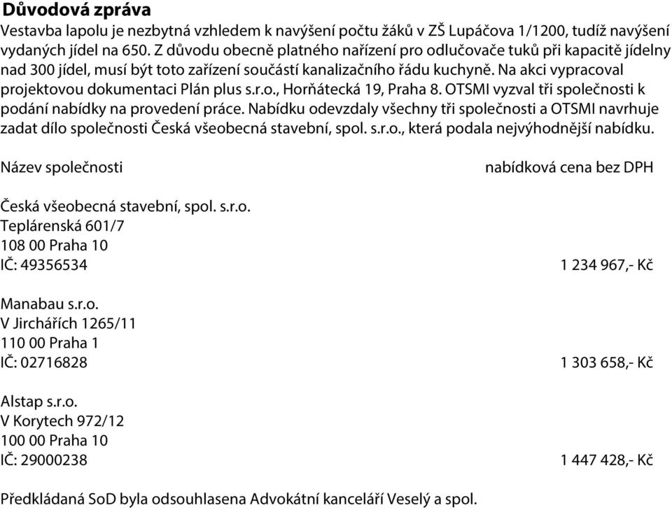 Na akci vypracoval projektovou dokumentaci Plán plus s.r.o., Horňátecká 19, Praha 8. OTSMI vyzval tři společnosti k podání nabídky na provedení práce.