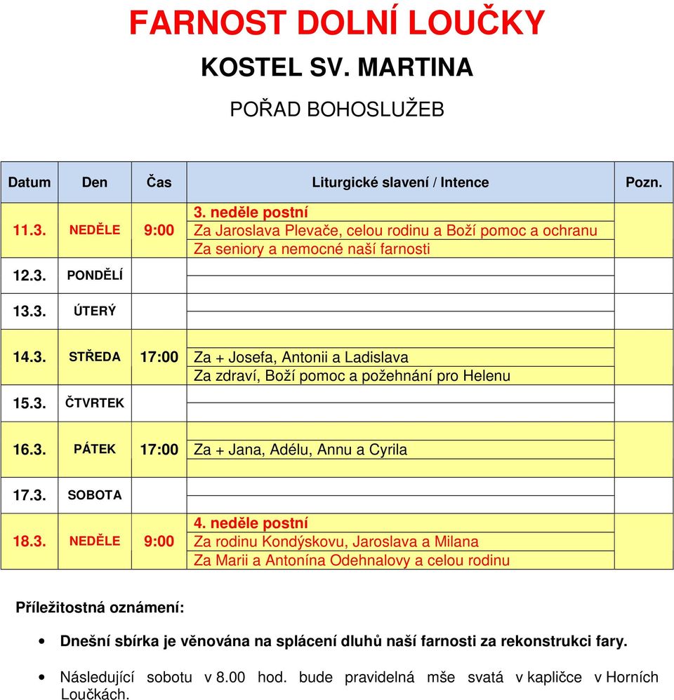 3. SOBOTA 18.3. NEDĚLE 9:00 4.