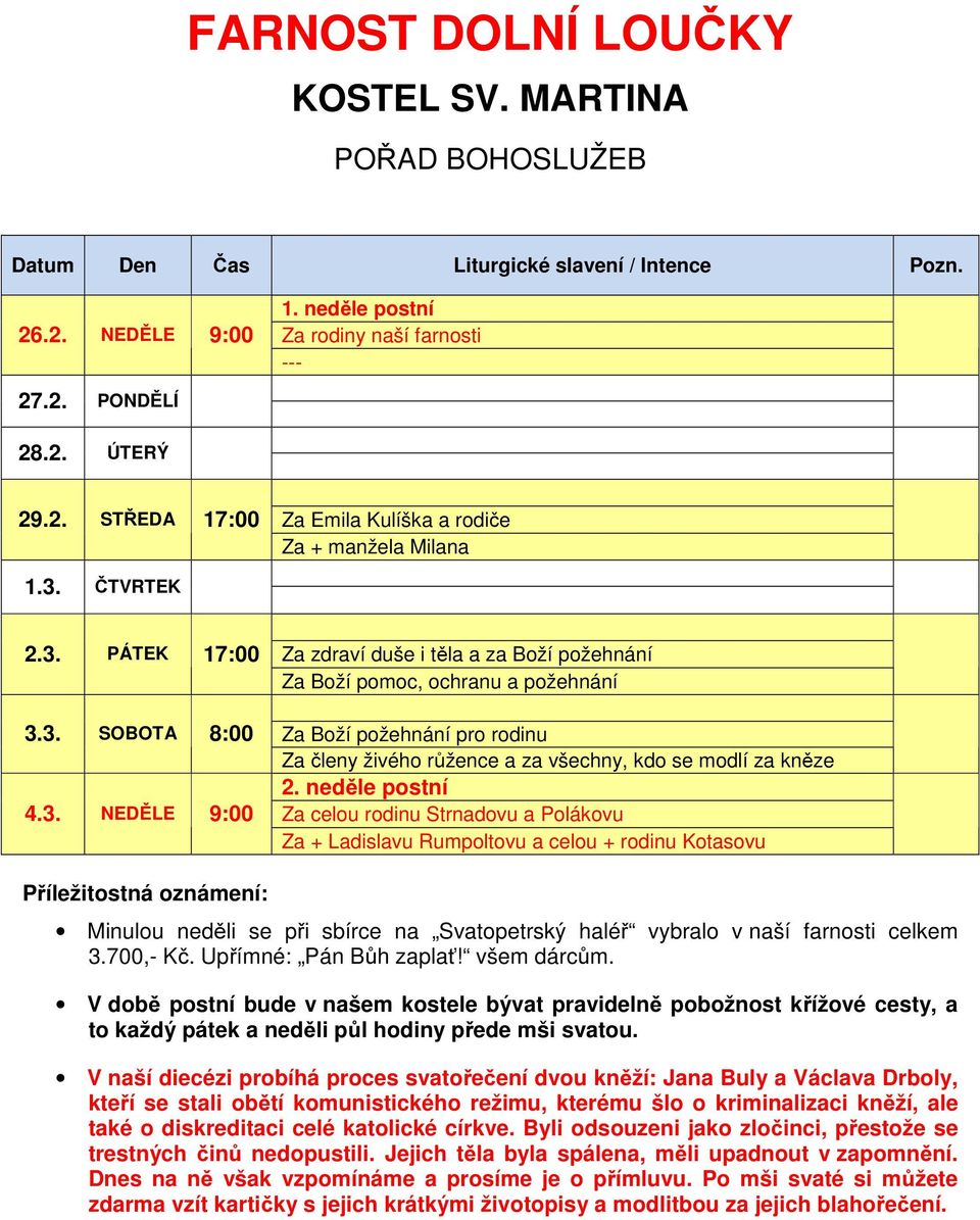 neděle postní Za celou rodinu Strnadovu a Polákovu Za + Ladislavu Rumpoltovu a celou + rodinu Kotasovu Minulou neděli se při sbírce na Svatopetrský haléř vybralo v naší farnosti celkem 3.700,- Kč.