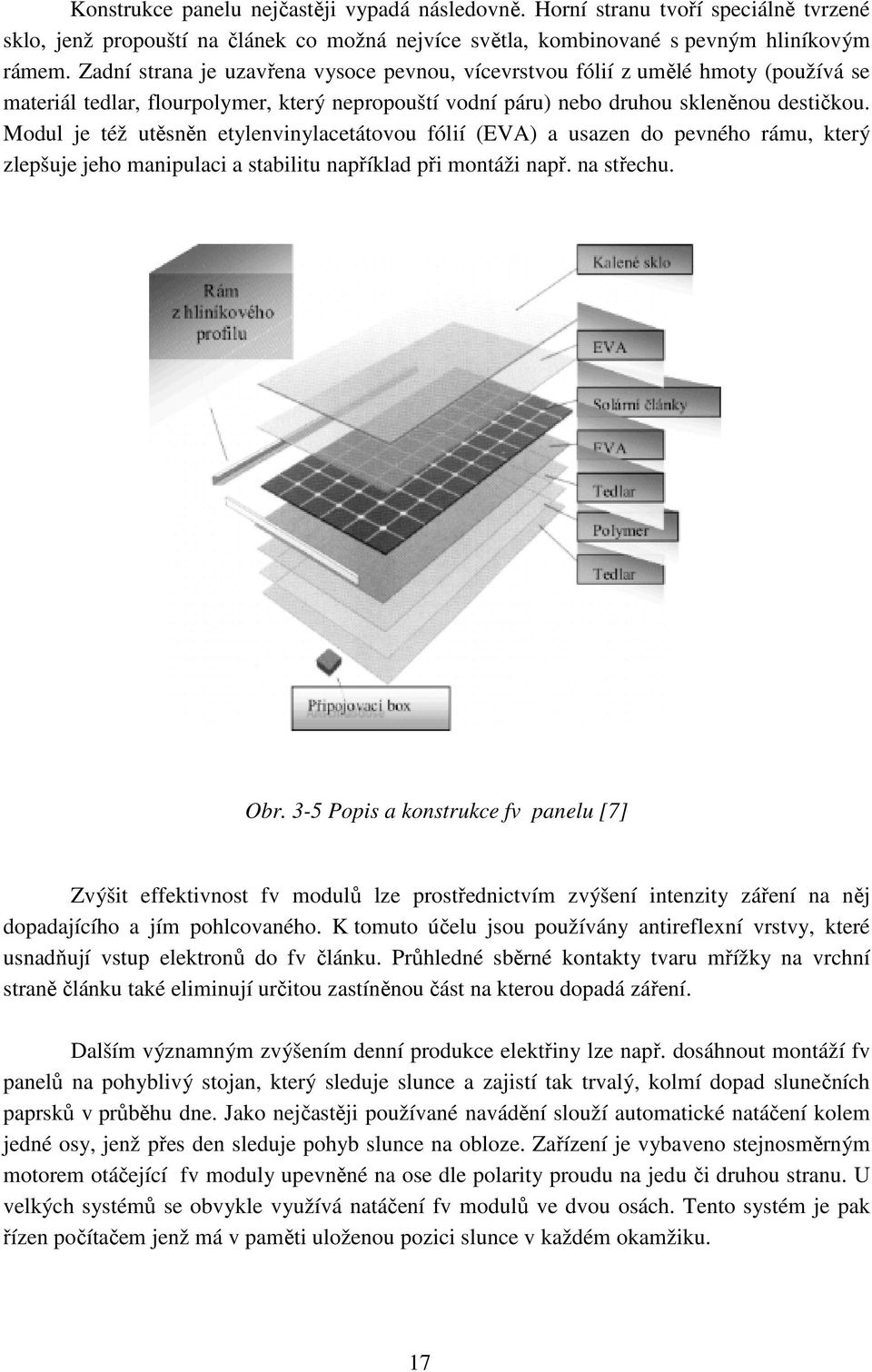 Modul je též utěsněn etylenvinylacetátovou fólií (EVA) a usazen do pevného rámu, který zlepšuje jeho manipulaci a stabilitu například při montáži např. na střechu. Obr.