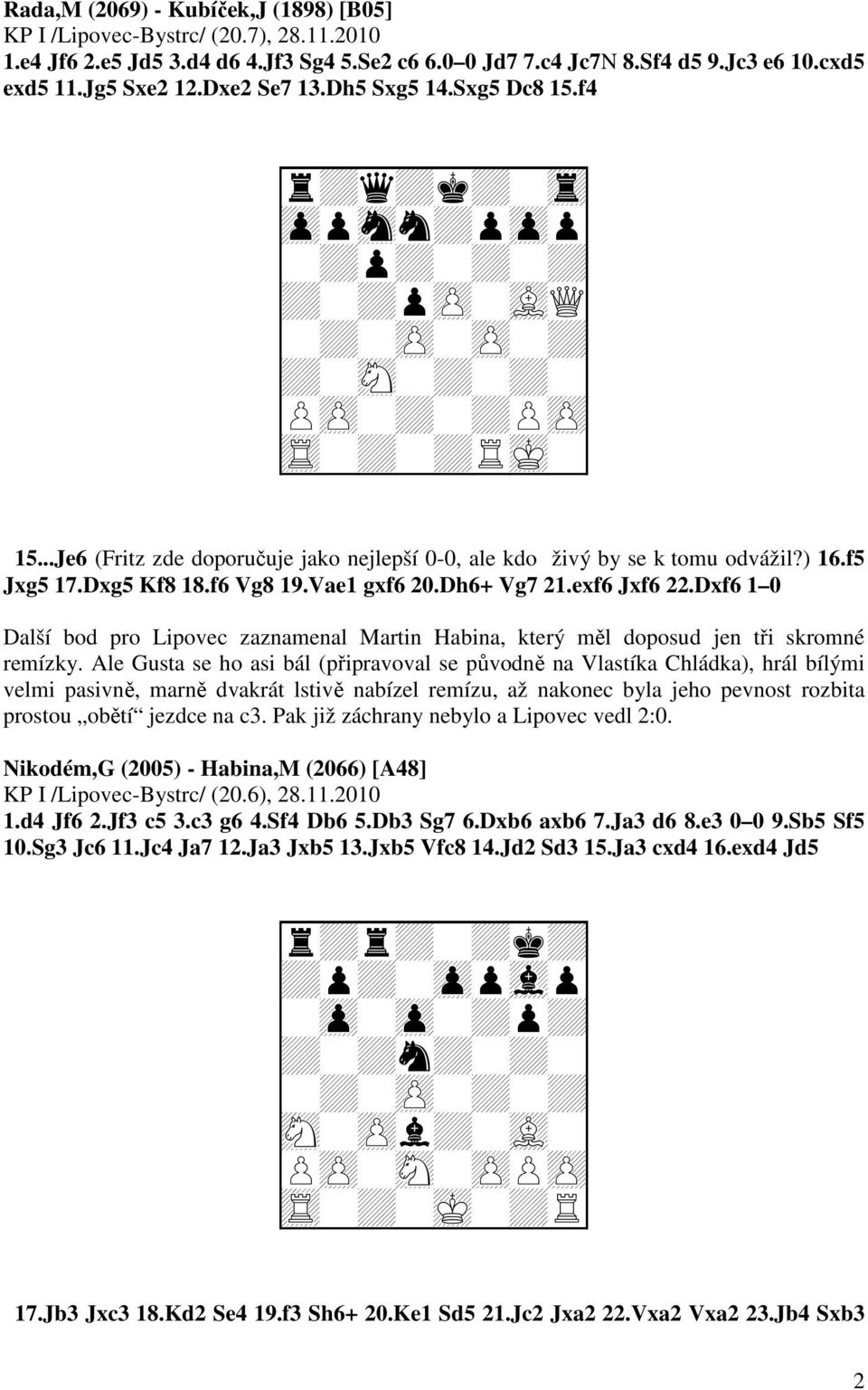 f6 Vg8 19.Vae1 gxf6 20.Dh6+ Vg7 21.exf6 Jxf6 22.Dxf6 1 0 Další bod pro Lipovec zaznamenal Martin Habina, který měl doposud jen tři skromné remízky.