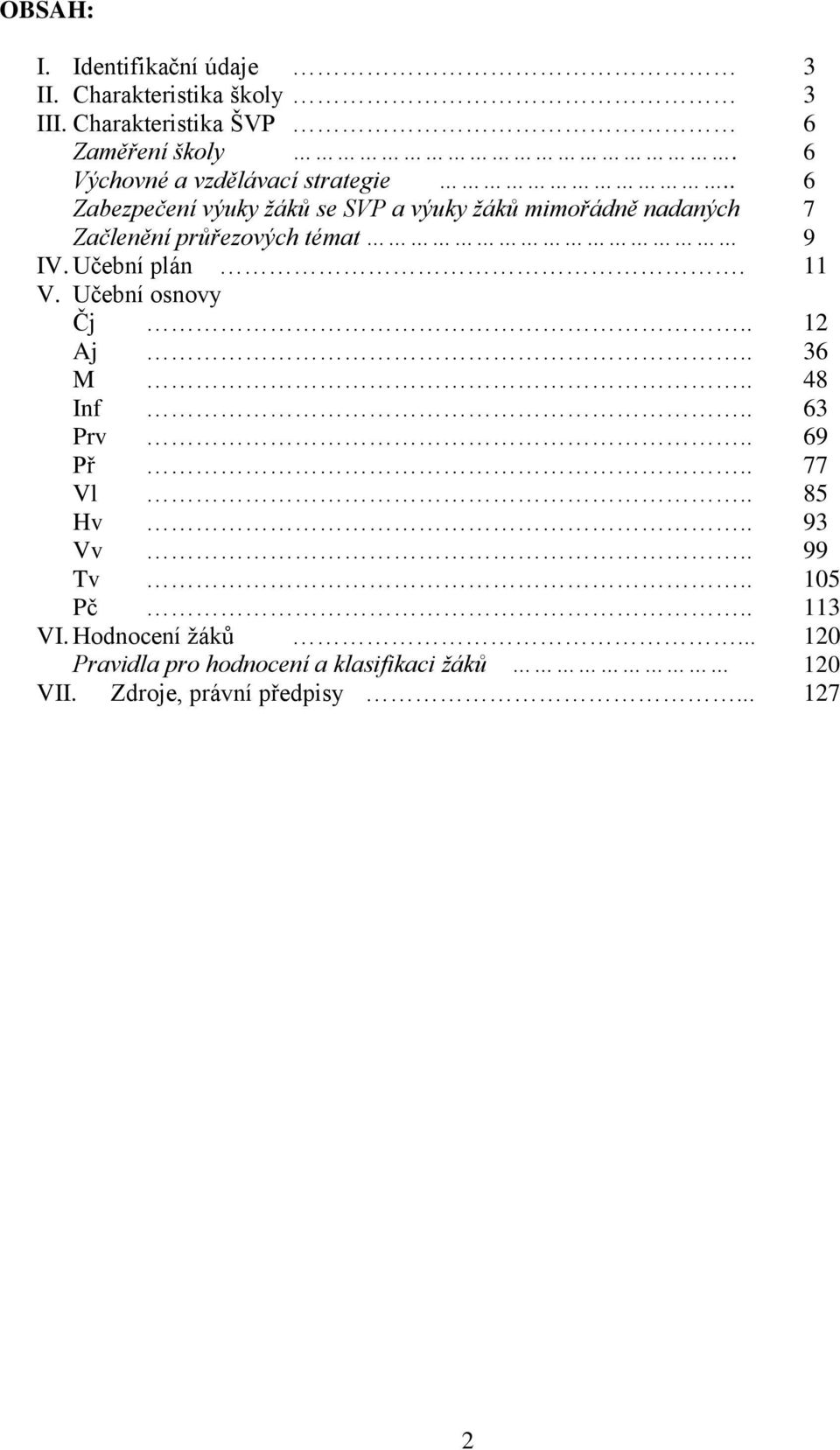 . 6 Zabezpečení výuky žáků se SVP a výuky žáků mimořádně nadaných 7 Začlenění průřezových témat 9 IV. Učební plán.