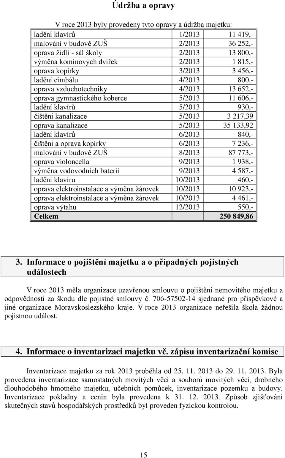 930,- čištění kanalizace 5/2013 3 217,39 oprava kanalizace 5/2013 35 133,92 ladění klavírů 6/2013 840,- čištění a oprava kopírky 6/2013 7 236,- malování v budově ZUŠ 8/2013 87 773,- oprava