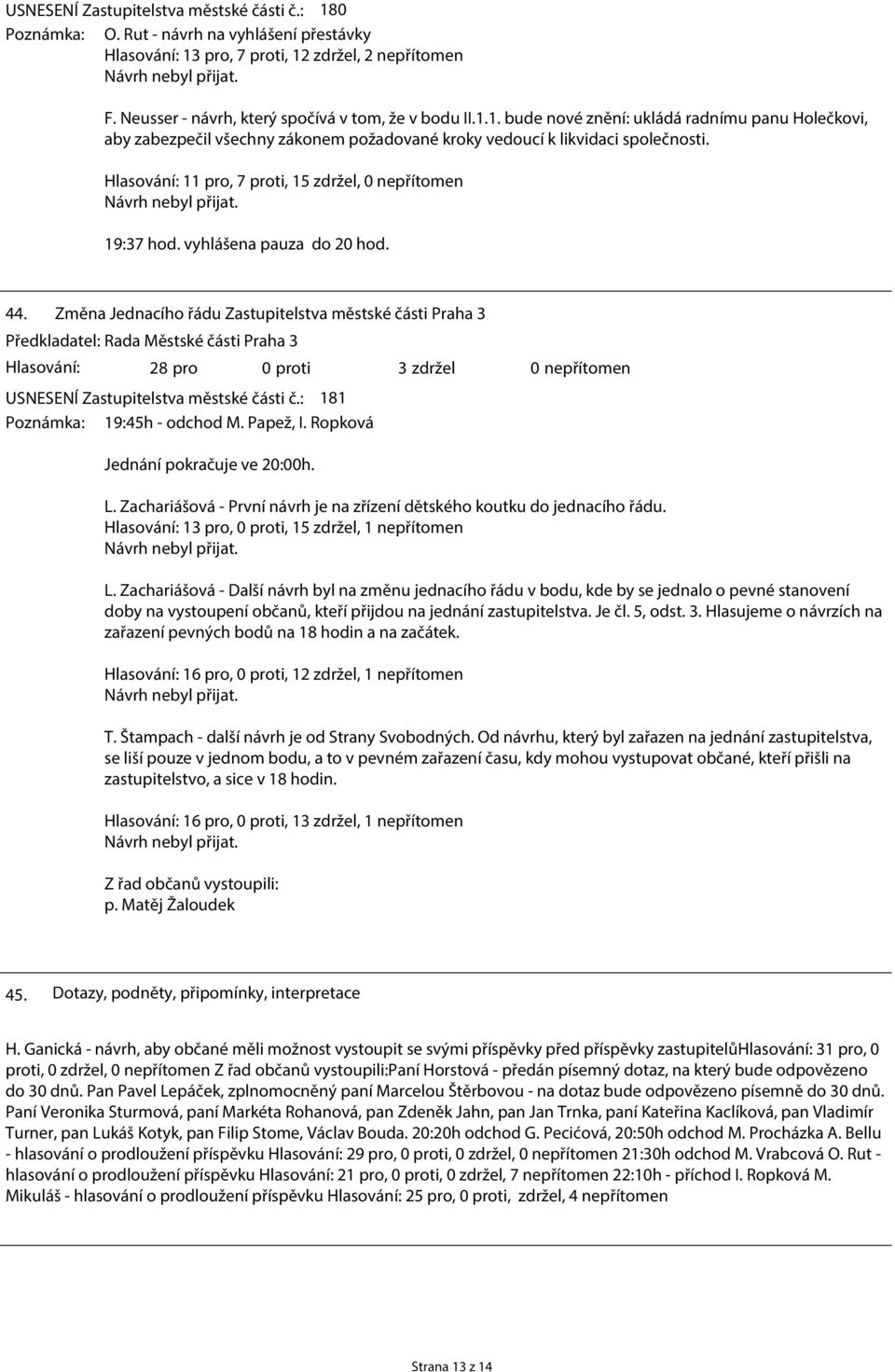 Hlasování: 11 pro, 7 proti, 15 zdržel, 0 nepřítomen Návrh nebyl přijat. 19:37 hod. vyhlášena pauza do 20 hod. 44.