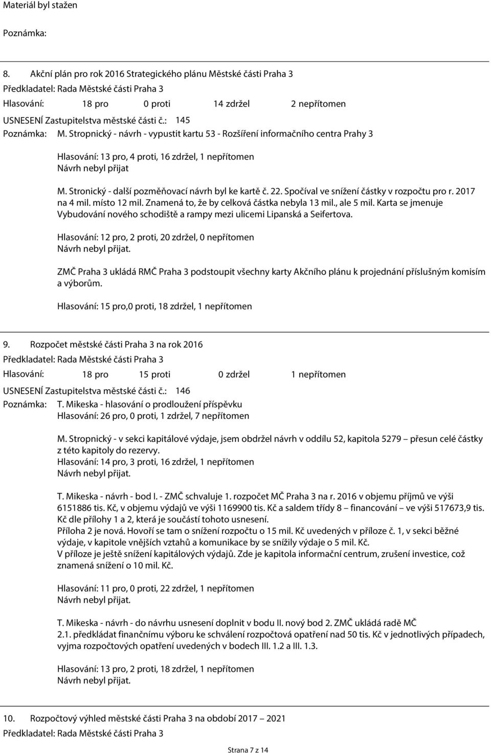 : 145 Poznámka: M. Stropnický - návrh - vypustit kartu 53 - Rozšíření informačního centra Prahy 3 Hlasování: 13 pro, 4 proti, 16 zdržel, 1 nepřítomen Návrh nebyl přijat M.