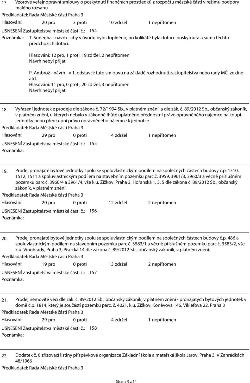 Hlasování: 12 pro, 1 proti, 19 zdržel, 2 nepřítomen Návrh nebyl přijat. P. Ambrož - návrh - v 1. odstavci: tuto smlouvu na základě rozhodnutí zastupitelstva nebo rady MČ, ze dne atd.