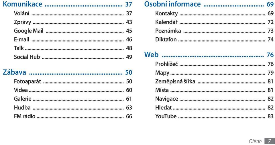 .. 66 Osobní informace... 69 Kontakty... 69 Kalendář... 72 Poznámka... 73 Diktafon... 74 Web.