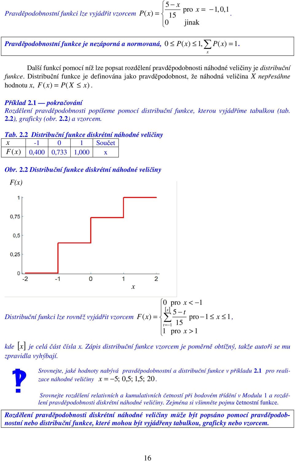 popíšeme pomocí distribuční funkce, kterou vyjádříme tabulkou (tab ), graficky (obr ) a vzorcem Tab Distribuční funkce diskrétní náhodné veličiny - 0 Součet F () 0,400 0,733,000 Obr Distribuční