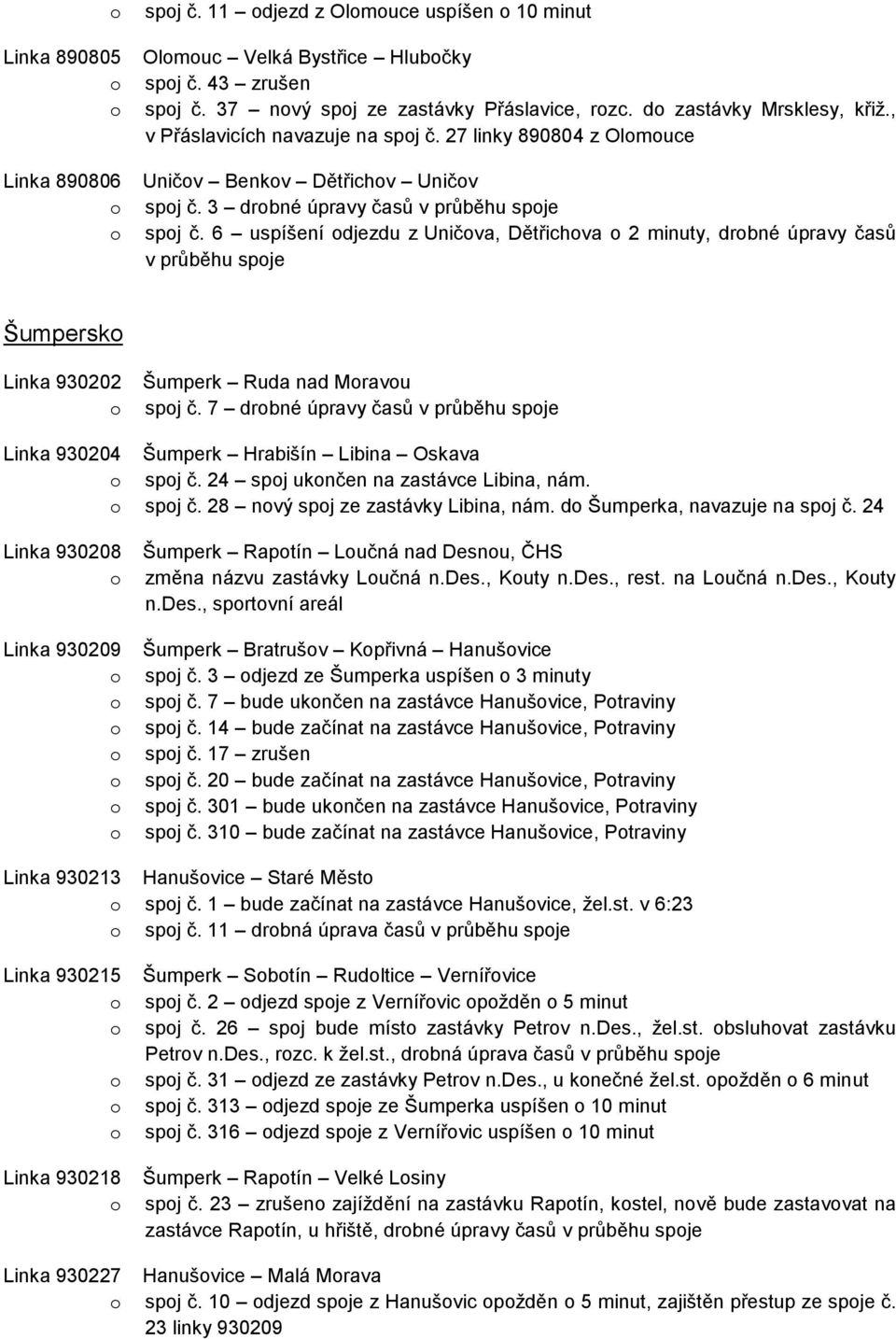6 uspíšení djezdu z Uničva, Dětřichva 2 minuty, drbné úpravy časů v průběhu spje Šumpersk Linka 930202 Šumperk Ruda nad Mravu spj č.