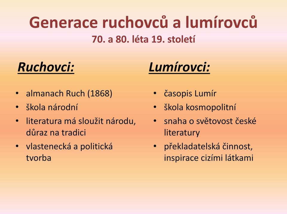 národu, důraz na tradici vlastenecká a politická tvorba Lumírovci: časopis