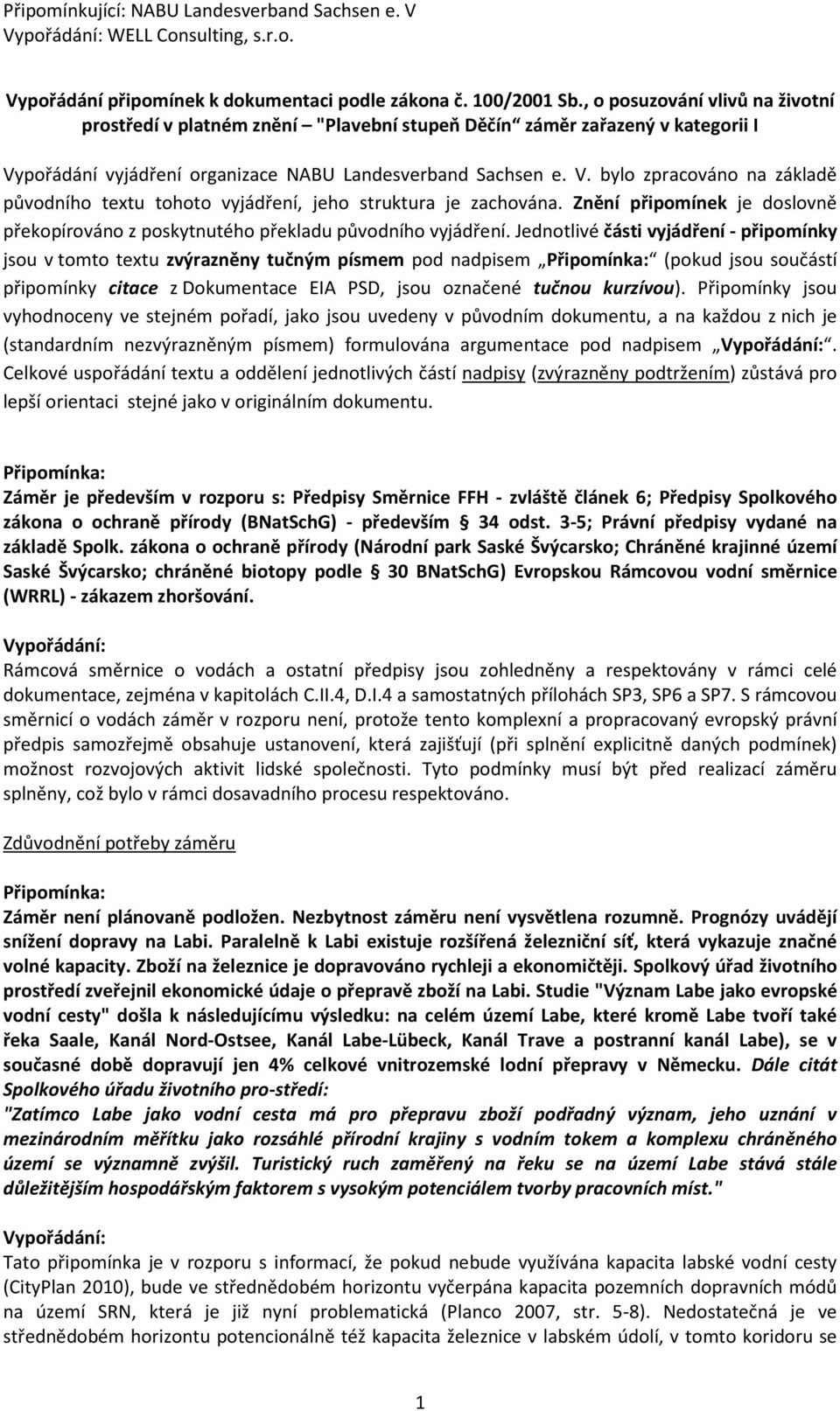 pořádání vyjádření organizace NABU Landesverband Sachsen e. V. bylo zpracováno na základě původního textu tohoto vyjádření, jeho struktura je zachována.