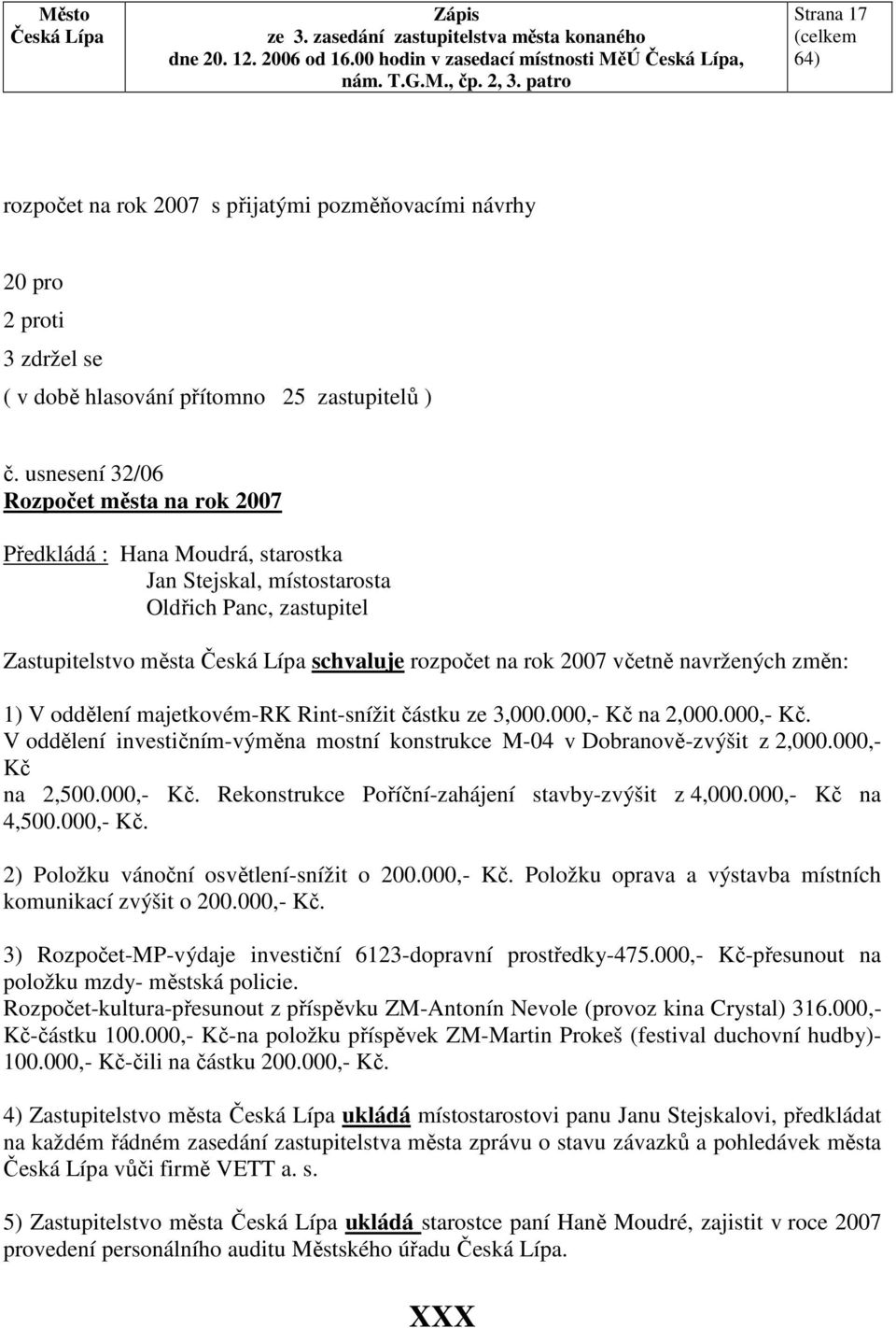 změn: 1) V oddělení majetkovém-rk Rint-snížit částku ze 3,000.000,- Kč na 2,000.000,- Kč. V oddělení investičním-výměna mostní konstrukce M-04 v Dobranově-zvýšit z 2,000.000,- Kč na 2,500.000,- Kč. Rekonstrukce Poříční-zahájení stavby-zvýšit z 4,000.