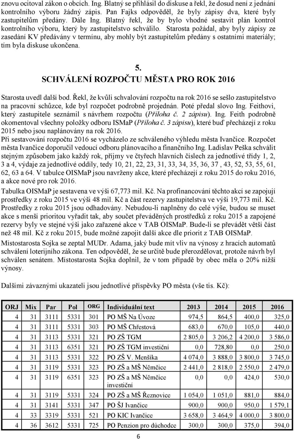 Starosta požádal, aby byly zápisy ze zasedání KV předávány v termínu, aby mohly být zastupitelům předány s ostatními materiály; tím byla diskuse ukončena. 5.