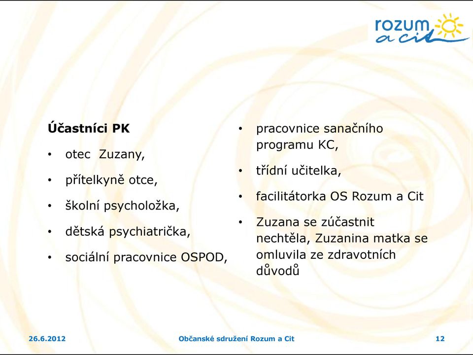 třídní učitelka, facilitátorka OS Rozum a Cit Zuzana se zúčastnit nechtěla,