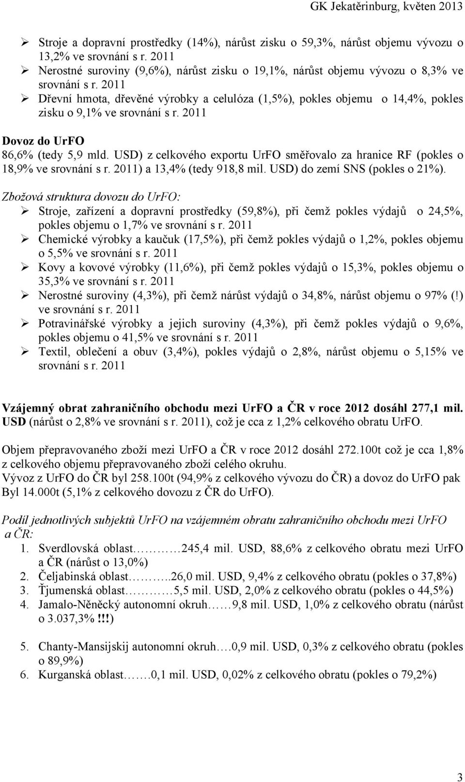 2011 Dřevní hmota, dřevěné výrobky a celulóza (1,5%), pokles objemu o 14,4%, pokles zisku o 9,1% ve srovnání s r. 2011 Dovoz do UrFO 86,6% (tedy 5,9 mld.