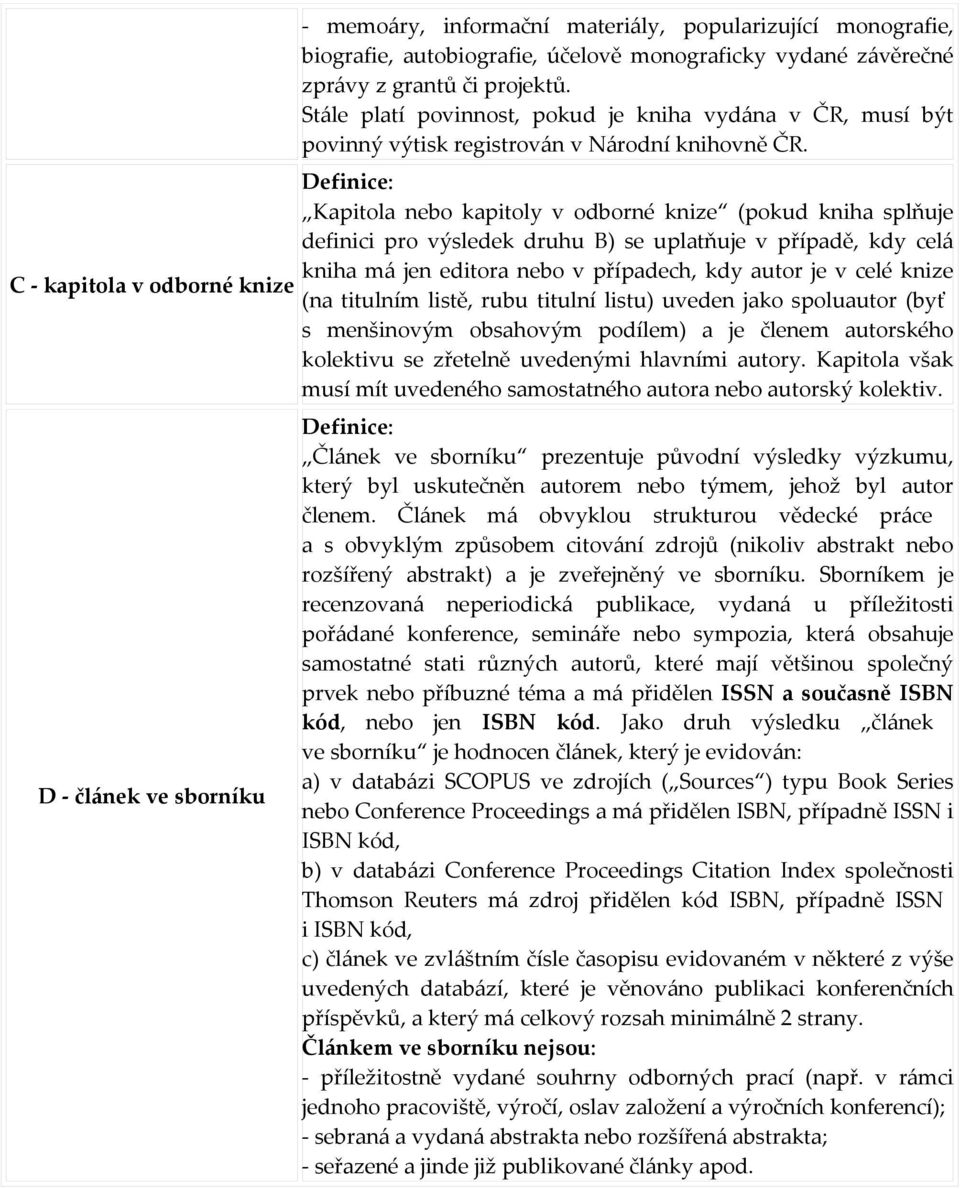 Kapitola nebo kapitoly v odborné knize (pokud kniha splňuje definici pro výsledek druhu B) se uplatňuje v případě, kdy celá kniha má jen editora nebo v případech, kdy autor je v celé knize (na