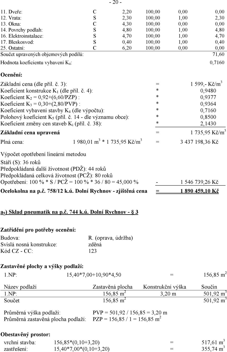 Ostatní: C 6,20 100,00 0,00 0,00 Součet upravených objemových podílů: 71,60 Hodnota koeficientu vybavení K 4 : 0,7160 Ocenění: Základní cena (dle příl. č.