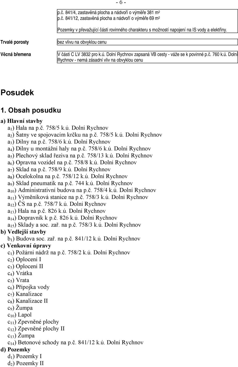 Obsah posudku a) Hlavní stavby a 1 ) Hala na p.č. 758/5 k.ú. Dolní Rychnov a 2 ) Šatny ve spojovacím krčku na p.č. 758/5 k.ú. Dolní Rychnov a 3 ) Dílny na p.č. 758/6 k.ú. Dolní Rychnov a 4 ) Dílny u montážní haly na p.