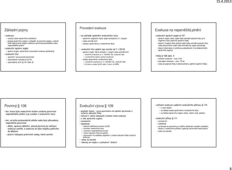 8) Provedení exekuce na základě uplatnění exekučního titulu správním orgánem, který vydal rozhodnutí (v 1.