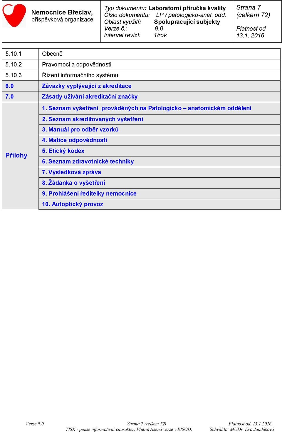 Seznam akreditovaných vyšetření 3. Manuál pro odběr vzorků 4. Matice odpovědností 5. Etický kodex 6. Seznam zdravotnické techniky 7.