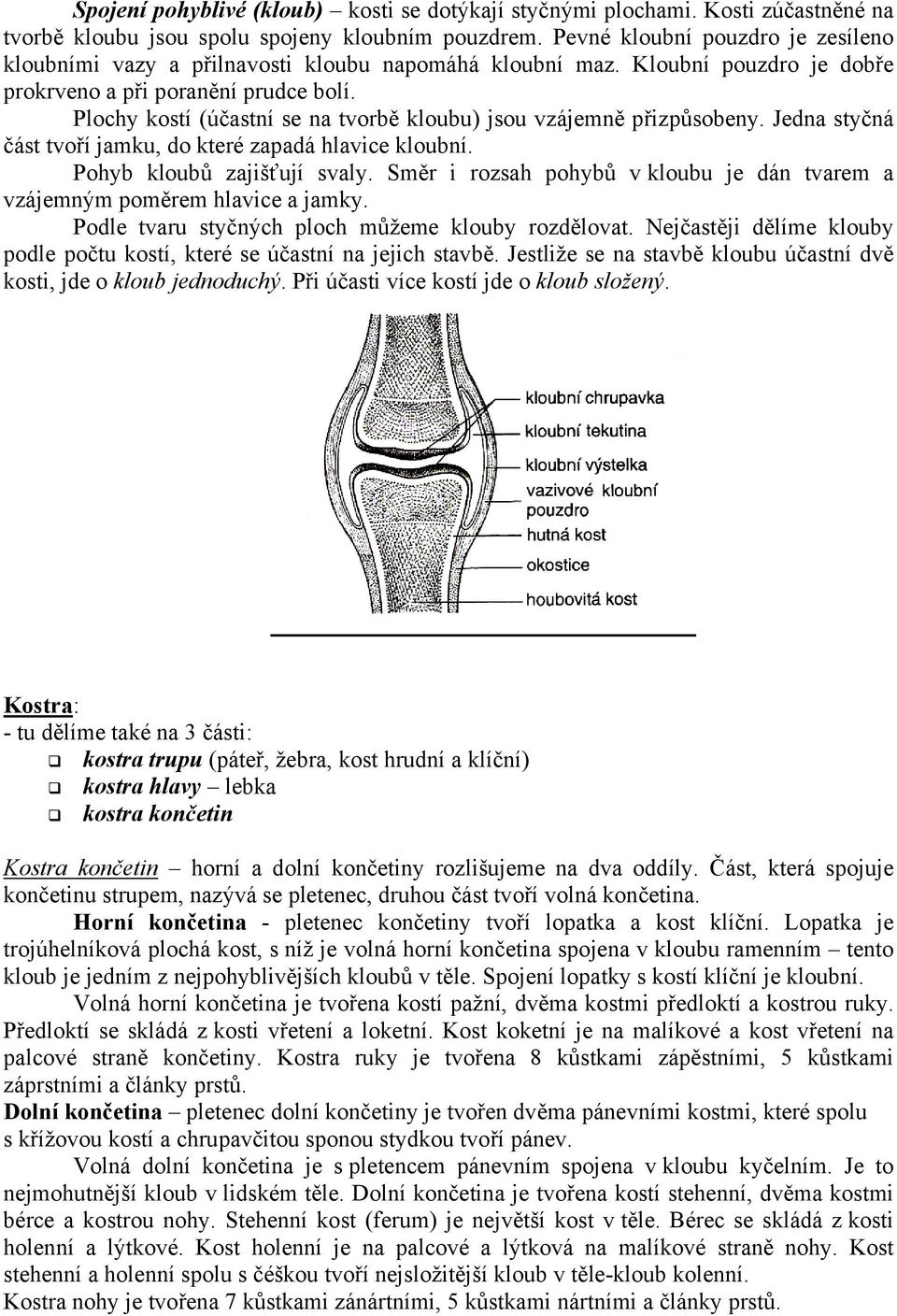 Plochy kostí (účastní se na tvorbě kloubu) jsou vzájemně přizpůsobeny. Jedna styčná část tvoří jamku, do které zapadá hlavice kloubní. Pohyb kloubů zajišťují svaly.