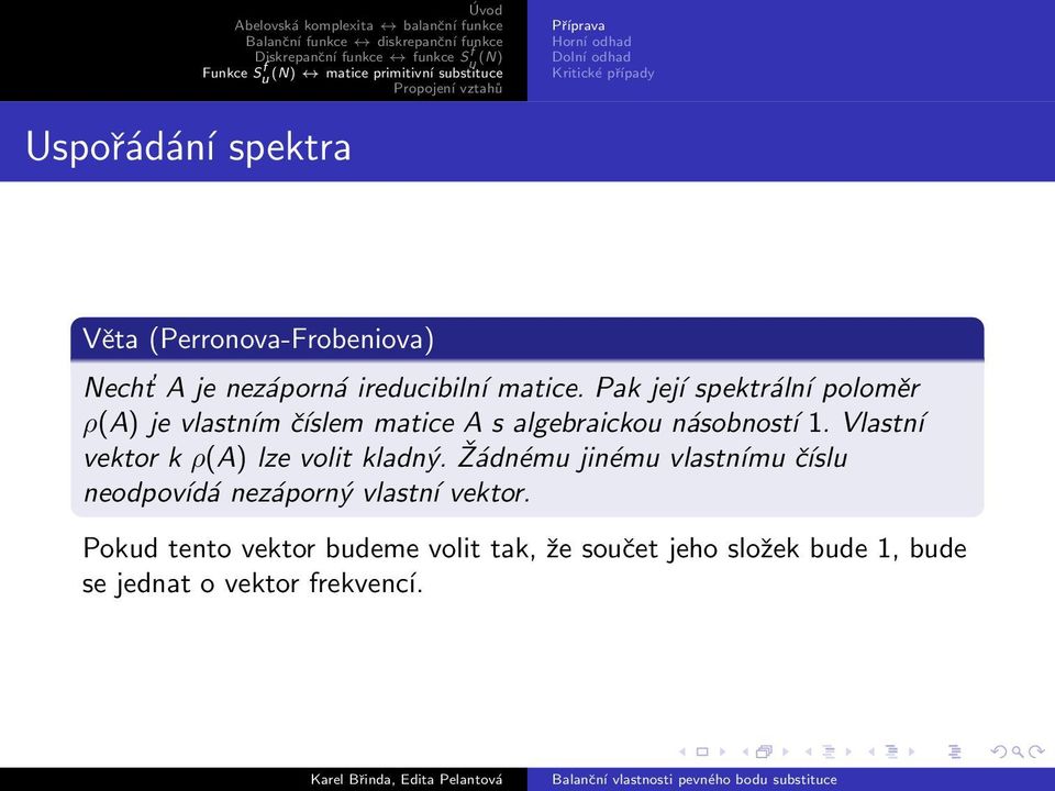 Pak její spektrální poloměr ρ(a) je vlastním číslem matice A s algebraickou násobností 1.