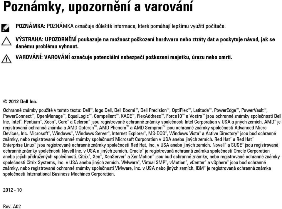 VAROVÁNÍ: VAROVÁNÍ označuje potenciální nebezpečí poškození majetku, úrazu nebo smrti. 2012 Dell Inc.