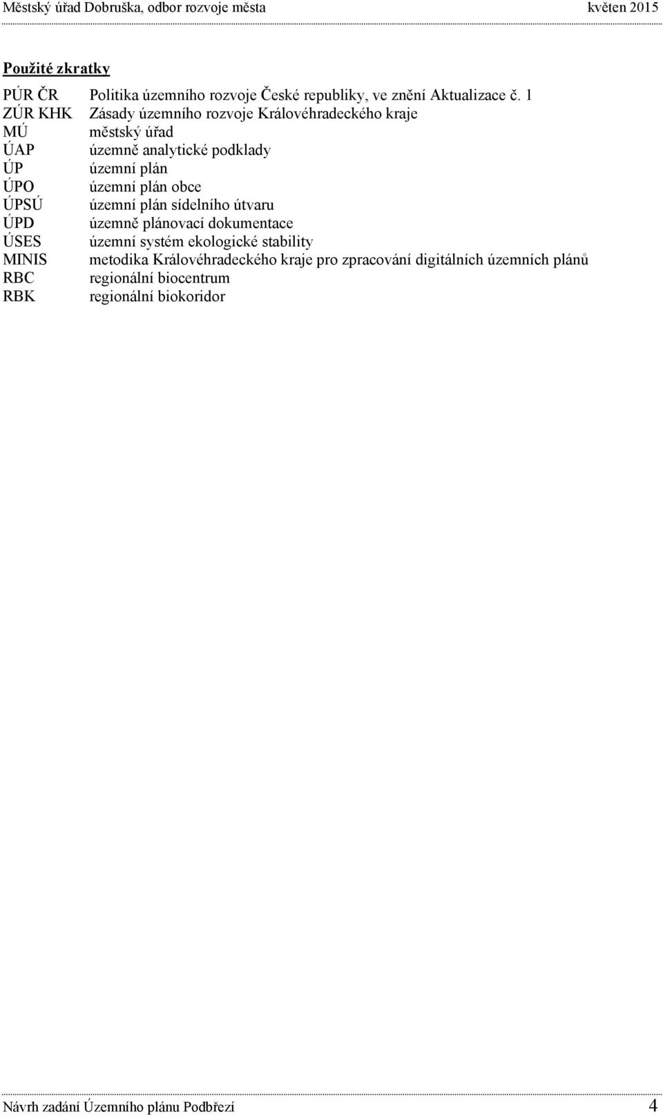 územní plán obce ÚPSÚ územní plán sídelního útvaru ÚPD územně plánovací dokumentace ÚSES územní systém ekologické stability