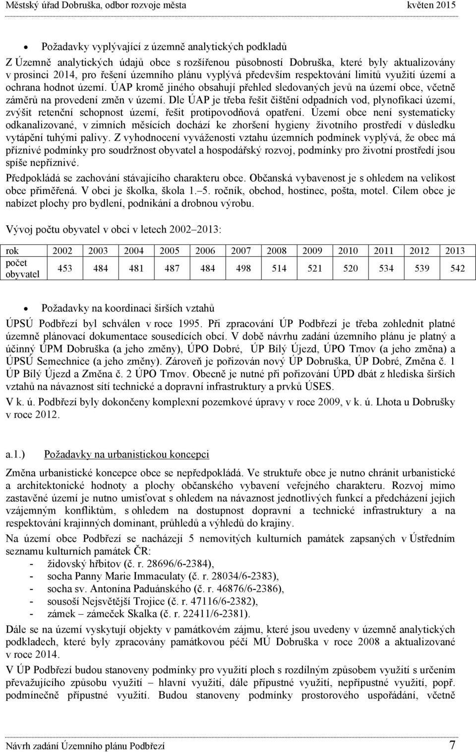 Dle ÚAP je třeba řešit čištění odpadních vod, plynofikaci území, zvýšit retenční schopnost území, řešit protipovodňová opatření.