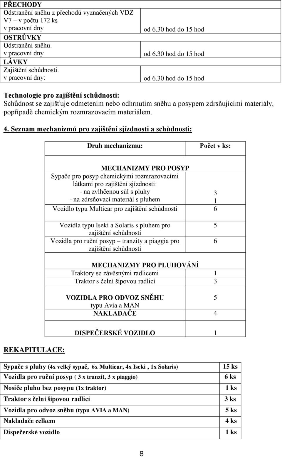 30 hod do 15 hod Technologie pro zajištění schůdnosti: Schůdnost se zajišťuje odmetením nebo odhrnutím sněhu a posypem zdrsňujícími materiály, popřípadě chemickým rozmrazovacím materiálem. 4.