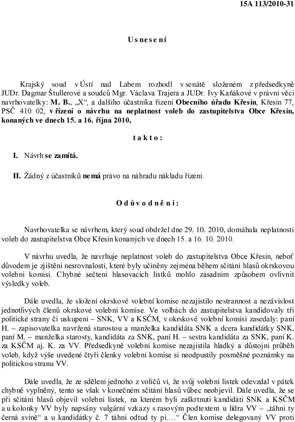 , X, a dalšího účastníka řízení Obecního úřadu Křesín, Křesín 77, PSČ 410 02, v řízení o návrhu na neplatnost voleb do zastupitelstva Obce Křesín, konaných ve dnech 15. a 16. října 2010, I.