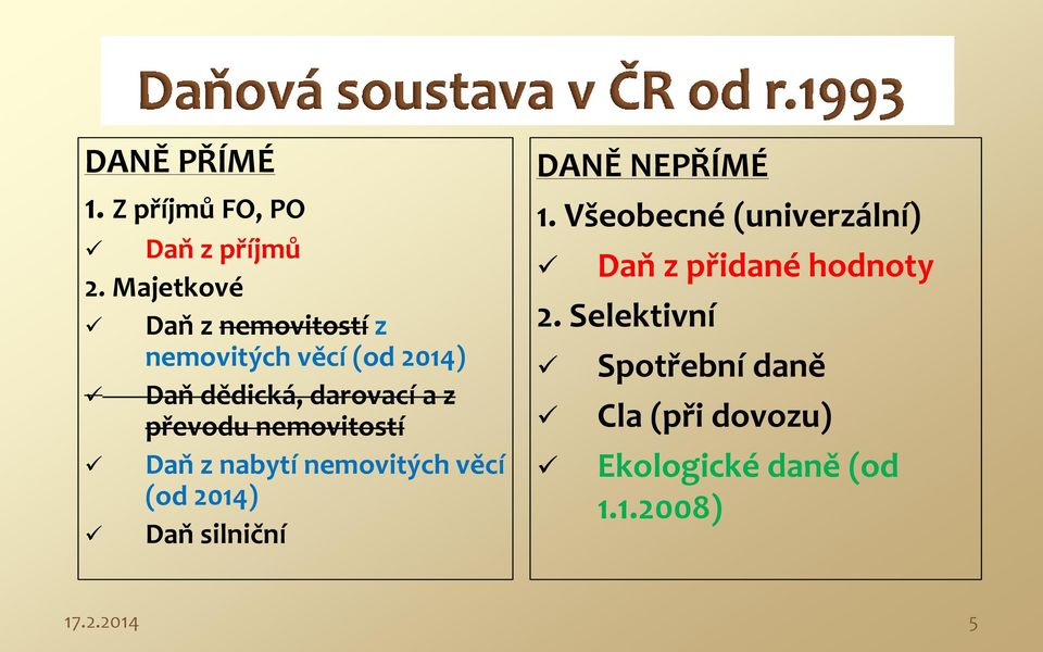 převodu nemovitostí Daň z nabytí nemovitých věcí (od 2014) Daň silniční DANĚ NEPŘÍMÉ 1.