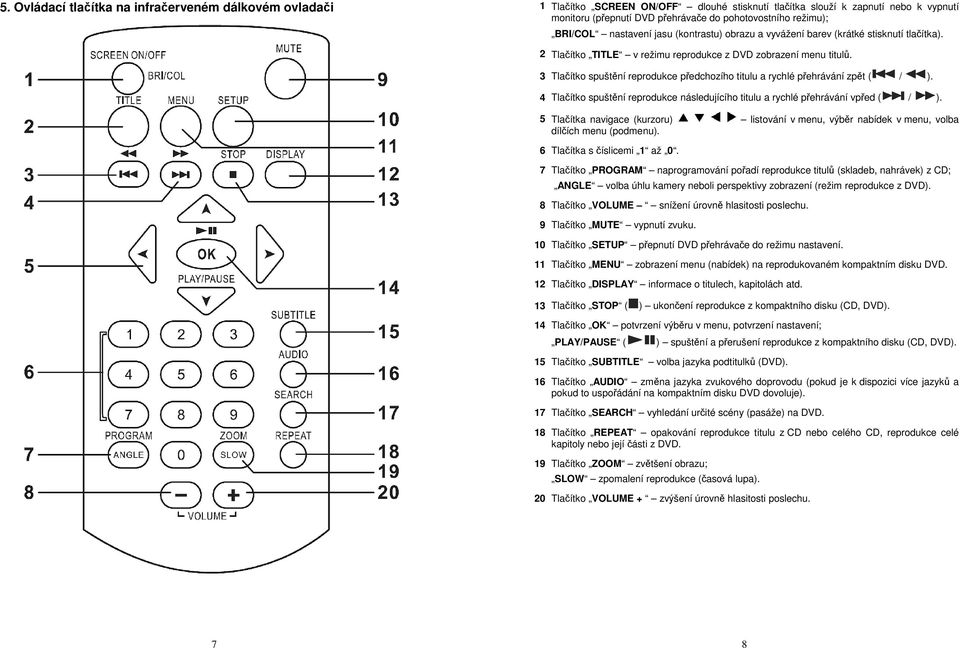 3 Tlačítko spuštění reprodukce předchozího titulu a rychlé přehrávání zpět ( / ). 4 Tlačítko spuštění reprodukce následujícího titulu a rychlé přehrávání vpřed ( / ).