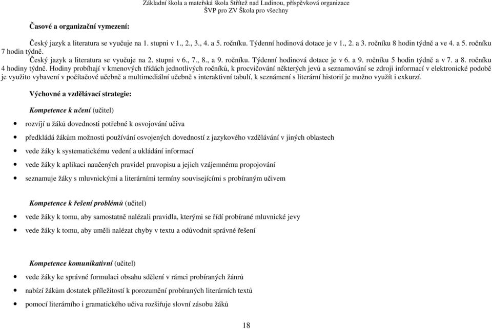 Hodiny probíhají v kmenových třídách jednotlivých ročníků, k procvičování některých jevů a seznamování se zdroji informací v elektronické podobě je využito vybavení v počítačové učebně a