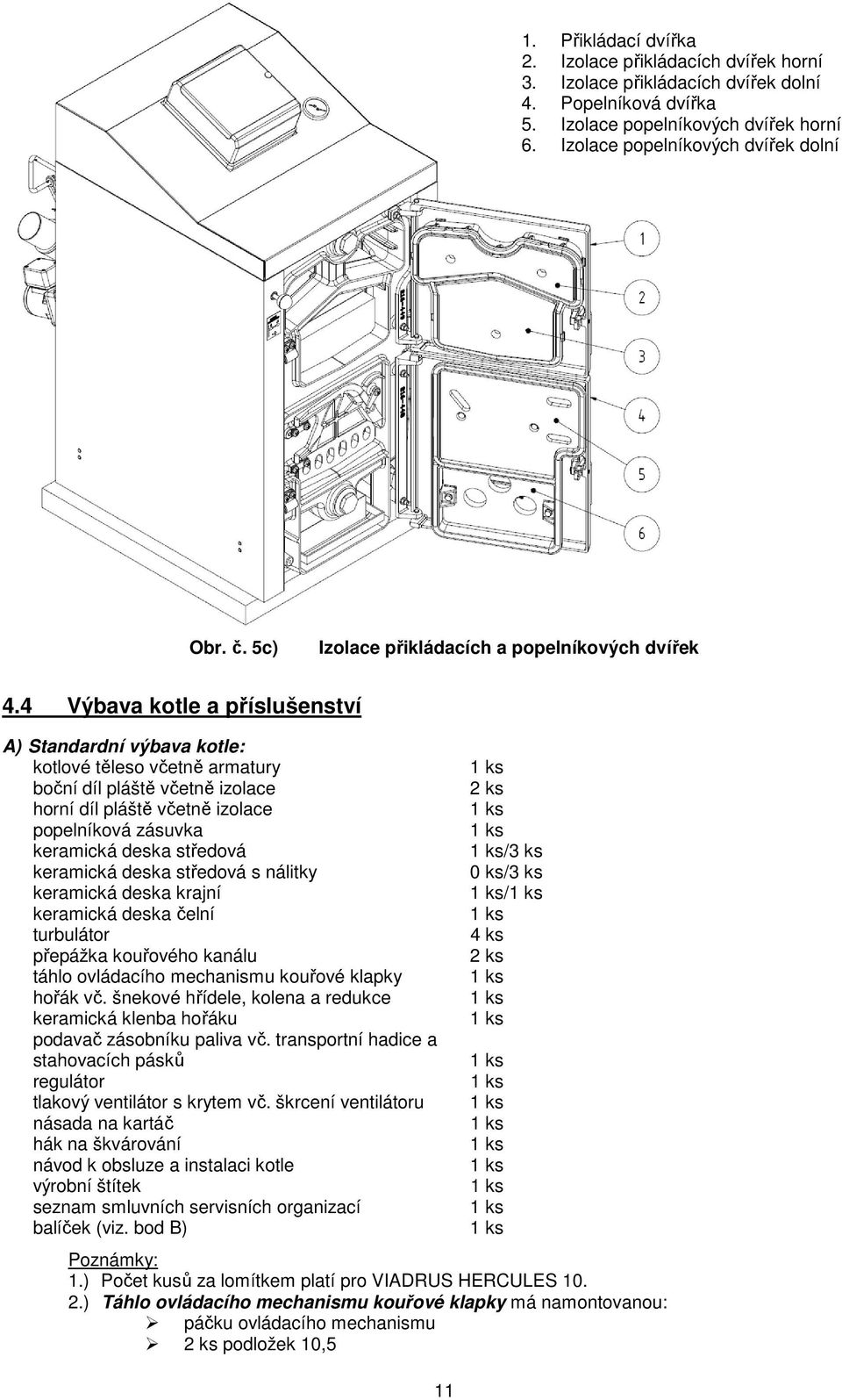 4 Výbava kotle a příslušenství A) Standardní výbava kotle: kotlové těleso včetně armatury boční díl pláště včetně izolace horní díl pláště včetně izolace popelníková zásuvka keramická deska středová