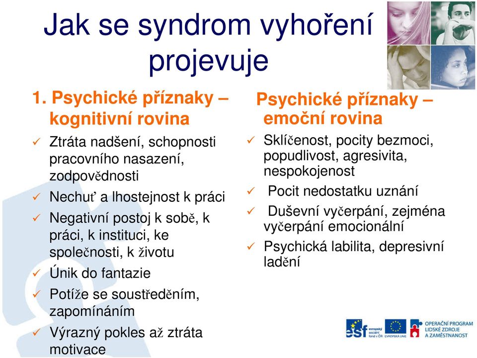 Negativní postoj k sobě, k práci, k instituci, ke společnosti, k životu Únik do fantazie Potíže se soustředěním, zapomínáním Výrazný