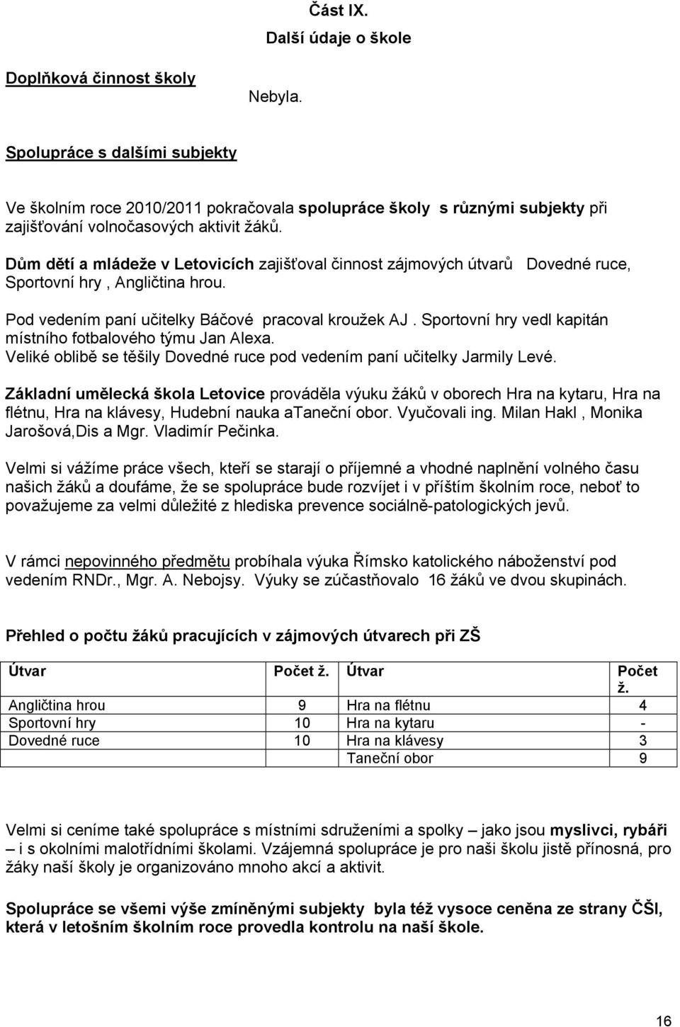 Dům dětí a mládeže v Letovicích zajišťoval činnost zájmových útvarů Dovedné ruce, Sportovní hry, Angličtina hrou. Pod vedením paní učitelky Báčové pracoval kroužek AJ.