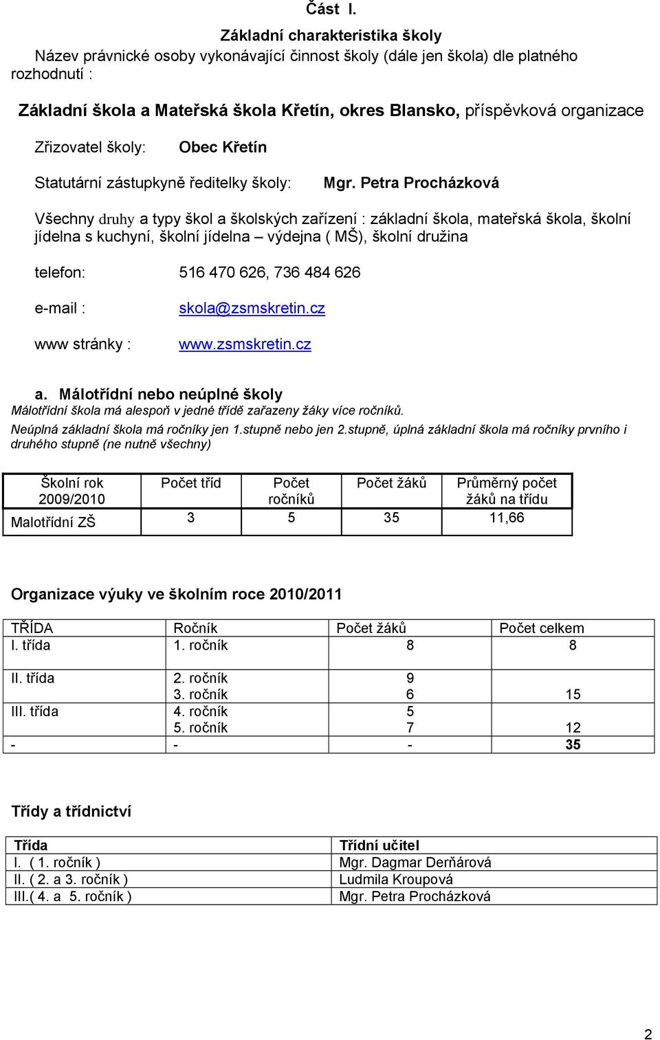 organizace Zřizovatel školy: Obec Křetín Statutární zástupkyně ředitelky školy: Mgr.