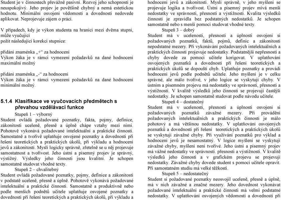 V případech, kdy je výkon studenta na hranici mezi dvěma stupni, může vyučující požít následující korekci stupnice: přidání znaménka + za hodnocení Výkon žáka je v rámci vymezení požadavků na dané