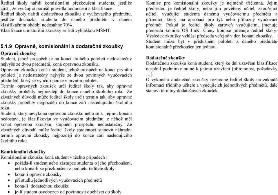 Klasifikace u maturitní zkoušky se řídí vyhláškou MŠMT. 5.1.