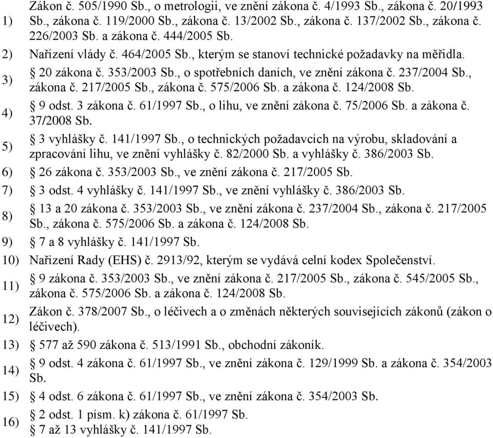 217/2005 Sb., zákona č. 575/2006 Sb. a zákona č. 124/2008 Sb. 4) 9 odst. 3 zákona č. 61/1997 Sb., o lihu, ve znění zákona č. 75/2006 Sb. a zákona č. 37/2008 Sb. 5) 3 vyhlášky č. 141/1997 Sb.