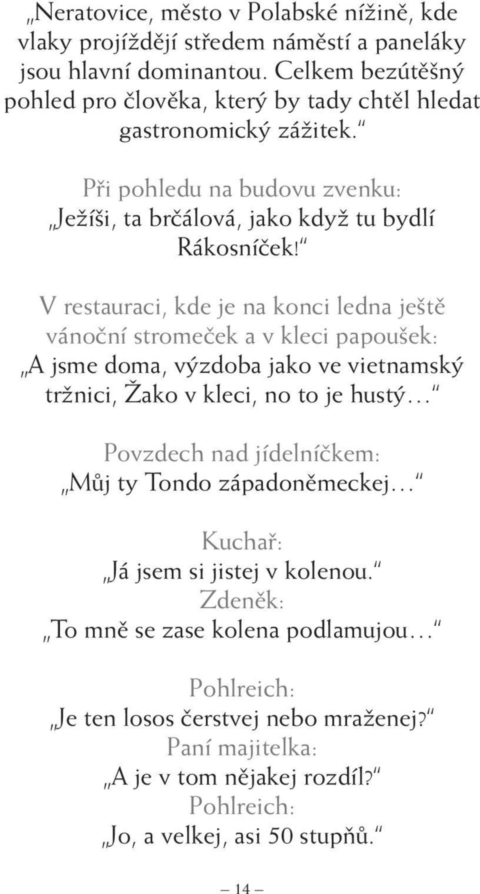 V restauraci, kde je na konci ledna ještě vánoční stromeček a v kleci papoušek: A jsme doma, výzdoba jako ve vietnamský tržnici, Žako v kleci, no to je hustý Povzdech nad