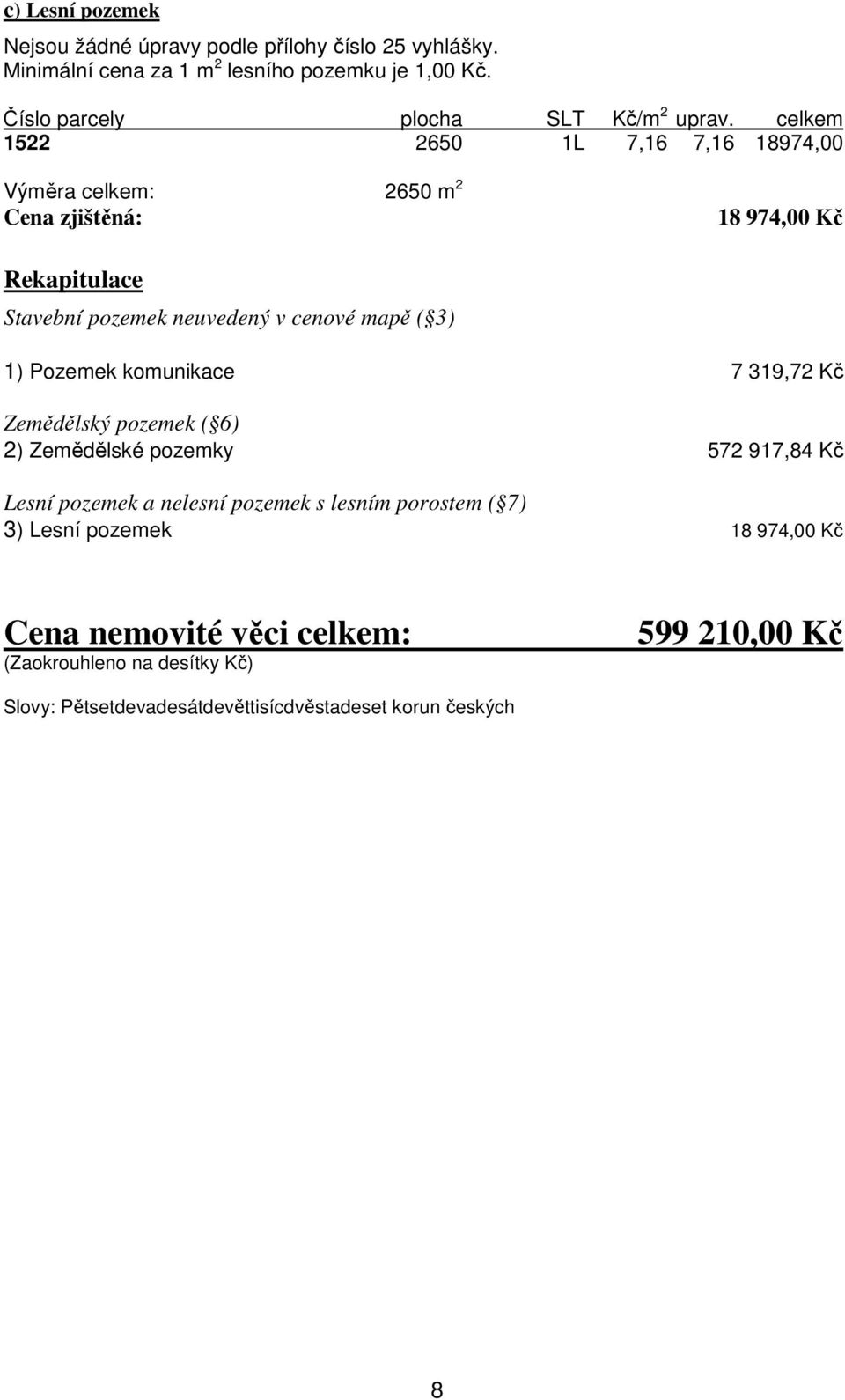 celkem 1522 2650 1L 7,16 7,16 18974,00 Výměra celkem: 2650 m 2 Cena zjištěná: 18 974,00 Kč Rekapitulace Stavební pozemek neuvedený v cenové mapě ( 3) 1)