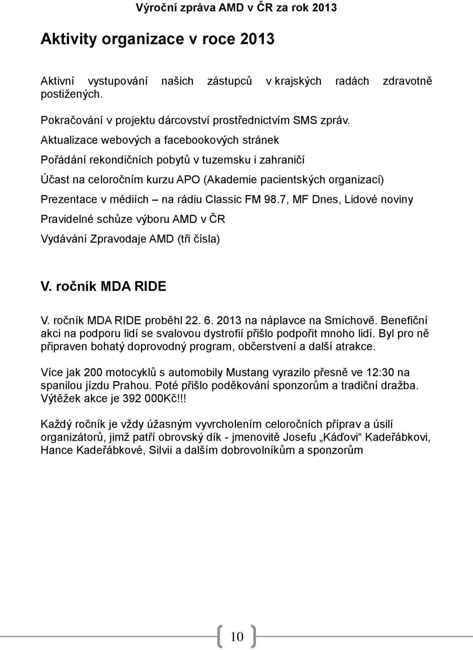 FM 98.7, MF Dnes, Lidové noviny Pravidelné schůze výboru AMD v ČR Vydávání Zpravodaje AMD (tři čísla) V. ročník MDA RIDE V. ročník MDA RIDE proběhl 22. 6. 2013 na náplavce na Smíchově.