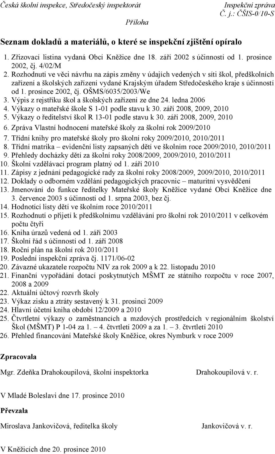 OŠMS/6035/2003/We 3. Výpis z rejstříku škol a školských zařízení ze dne 24. ledna 2006 4. Výkazy o mateřské škole S 1-01 podle stavu k 30. září 2008, 2009, 2010 5.