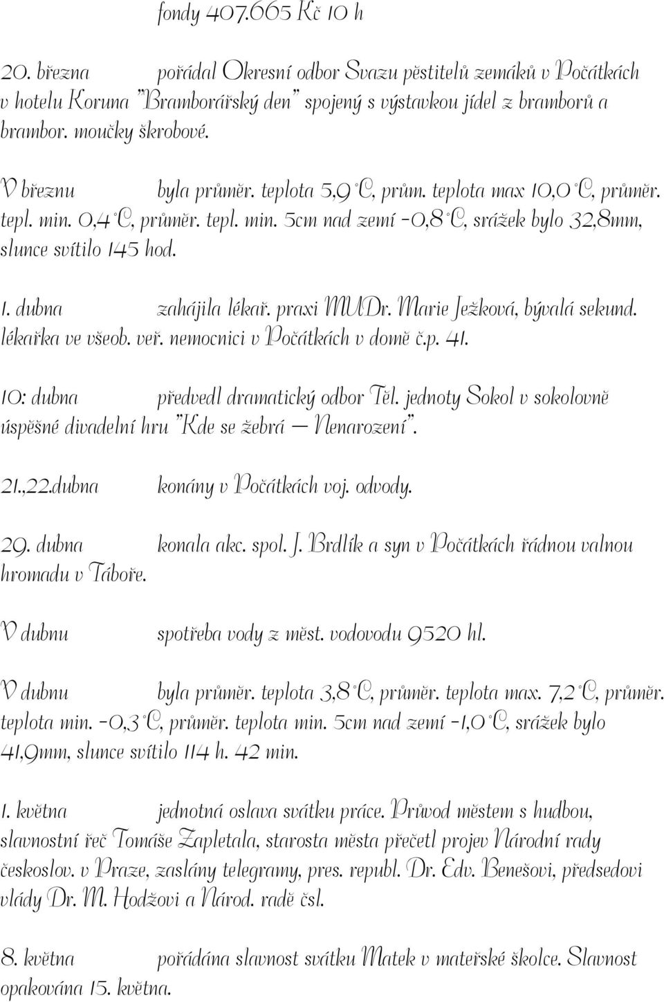 praxi MUDr. Marie Ježková, bývalá sekund. lékařka ve všeob. veř. nemocnici v Počátkách v domě č.p. 41. 10: dubna předvedl dramatický odbor Těl.